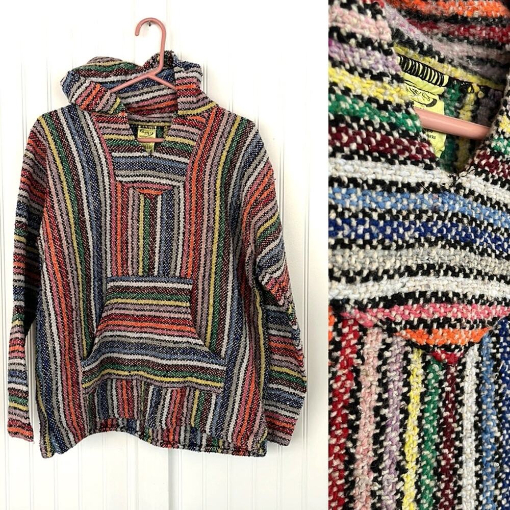 Vintage Rainbow Drug Rug Striped Pullover Mexican Blanket Baja Hood Soft Woven